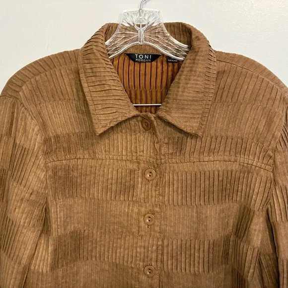 Toni Morgan Medium Chocolate Brown Jacket Button Down Pleated Collared Patterned - Picture 7 of 16